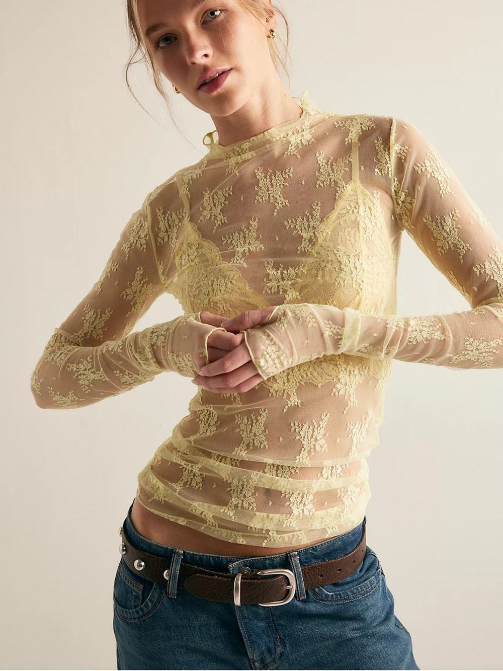 Free People Lux Layering Sheer Lace Long-Sleeve Top in Pale Yellow